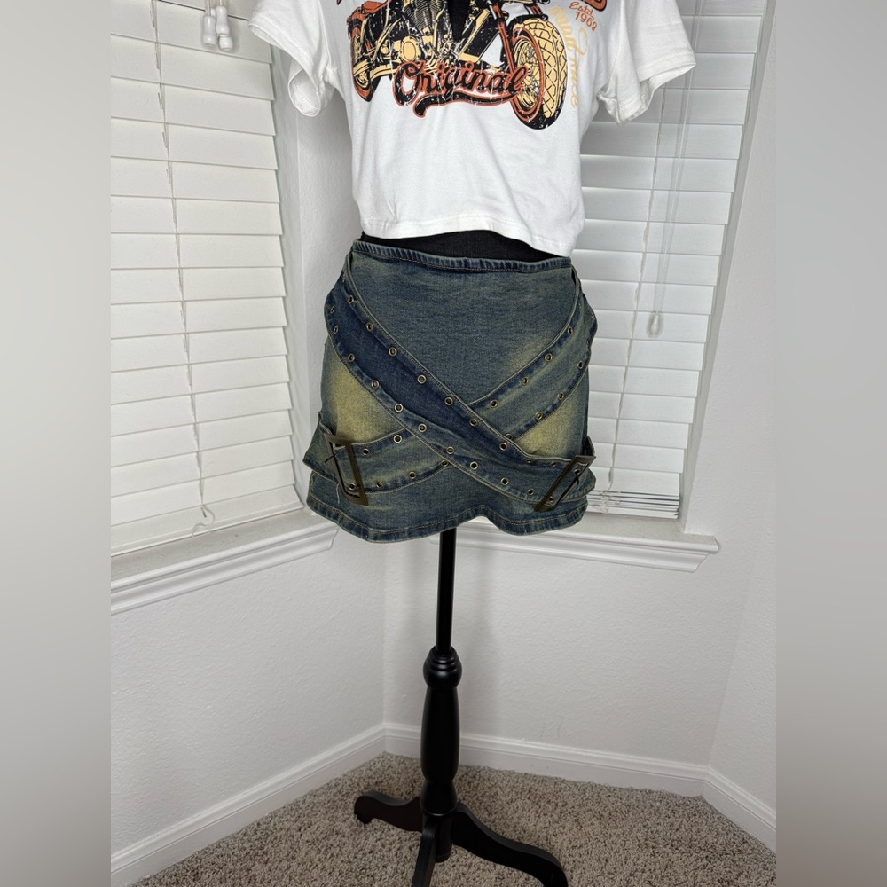 Fashion Nova Blue Denim Skort with Buckle Accents